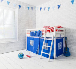 Nöa & Nani Ontario Cabin Kids Solid Wood Midsleeper Shorty Bed With Blue Tent In Classic White