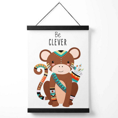 Artze Wall Art Be Clever Monkey Tribal Animal Quote Art Print With Black Frame Size: A4 - image 1