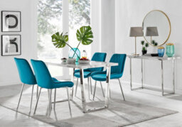 Furniturebox Uk Kylo White Marble Effect Dining Table & 4 Blue Pesaro Silver Chairs