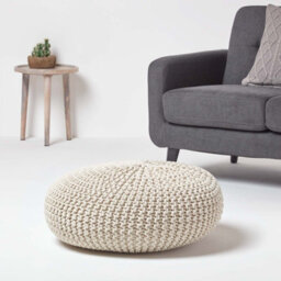 Homescapes Natural Large Round Cotton Knitted Pouffe Footstool - thumbnail 2