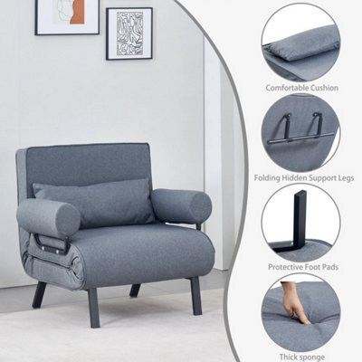 65Cm Grey Folding Sofa Bed Sleeper Bed Chair Convertible Adjustable Armchair Pillow - image 1
