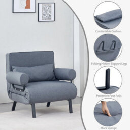 65Cm Grey Folding Sofa Bed Sleeper Bed Chair Convertible Adjustable Armchair Pillow - thumbnail 1