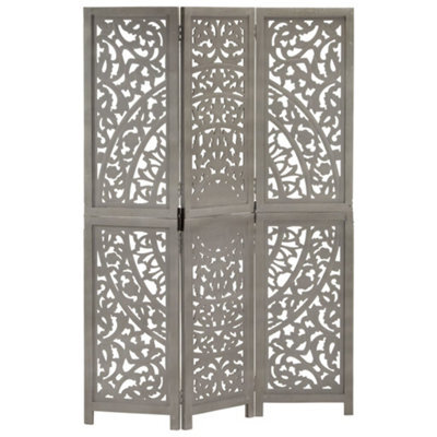 Vidaxl Hand Carved 3-Panel Room Divider Grey 120X165 Cm Solid Mango Wood Room Dividers - image 1