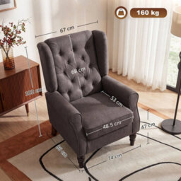 Accent Chair Wingback Armchair Retro Tufted Club Wood Fabric, Brown - thumbnail 3