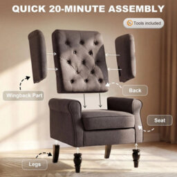 Accent Chair Wingback Armchair Retro Tufted Club Wood Fabric, Brown - thumbnail 5