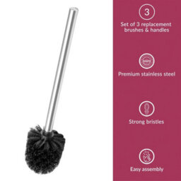 3 Black Toilet Brush Strong Bristles Stainless Steel Handle - thumbnail 3
