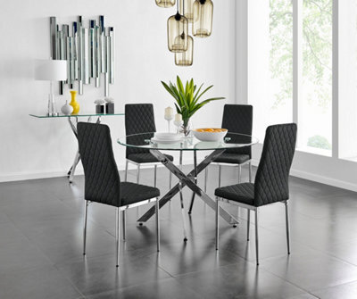 Furniturebox Novara Clear Tempered Glass 120Cm Round Dining Table With Chrome Starburst Legs & 4 Black Milan Faux Leather Chairs - image 1