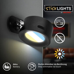 Briloner Cordless Led Wall Light Rechargeable Reading Bedside Lamp Stick-On Black - thumbnail 5