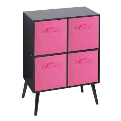 Urbn-Living Urbnliving 61Cm Height 4 Cube Black Wooden Bookcase With Pine Legs Shelf Storage Dark Pink Drawers - image 1