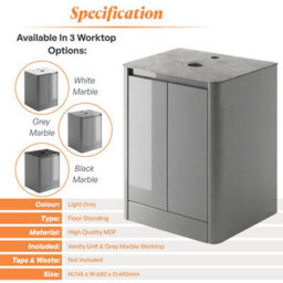 Plum&clay Mayfair Gloss Light Grey Freestanding Bathroom Vanity Unit With Grey Marble Countertop (W)650mm (H)745mm - thumbnail 5
