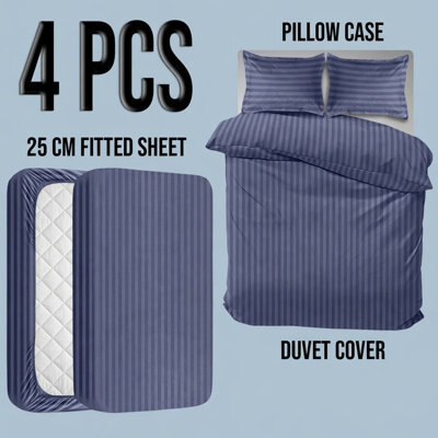 Oxford Homeware Washed Blue Double Stripe Soft Microfiber Duvet Cover, Fitted Sheet & Pillowcase Set 4 Piece Bedding Set