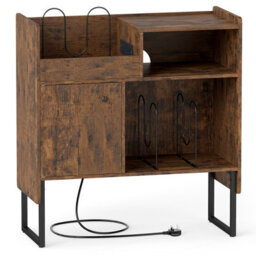 Gainoom Record Player Stand With Power Outlets Open Shelf & Cabinet Record Storage Table Vinyl Display Shelf