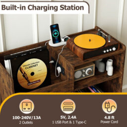 Gainoom Record Player Stand With Power Outlets Open Shelf & Cabinet Record Storage Table Vinyl Display Shelf - thumbnail 6