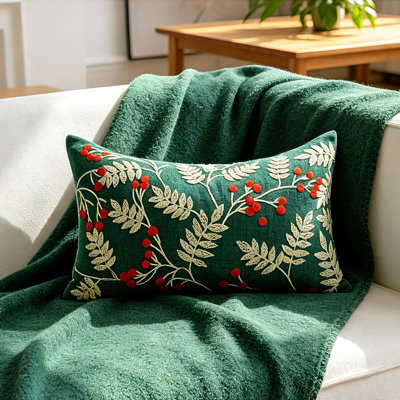 Amorly Green Red Berry Embroidered Lumbar Throw Pillow Cover 30X50Cm Rectangular Cushion Case Without Insert - image 1