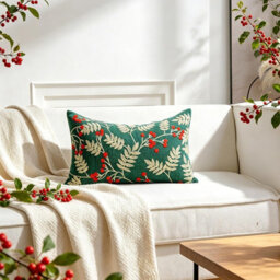 Amorly Green Red Berry Embroidered Lumbar Throw Pillow Cover 30X50Cm Rectangular Cushion Case Without Insert - thumbnail 3