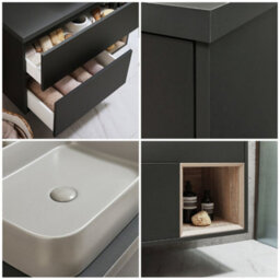 Homestylestore Black Grey 1000mm Wall Hung Bathroom Vanity Unit With Rectangular Pebble Countertop Basin - thumbnail 2