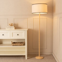 Valuelights Triston Natural Light Wood Stem Floor Lamp With Linen Black Trim Drum Shade And Led Bulb