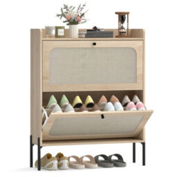 Homcom Boho Narrow Shoe Cabinet, Shoe Rack With 2 Flip Drawers, Oak - thumbnail 2