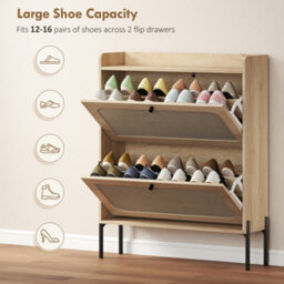 Homcom Boho Narrow Shoe Cabinet, Shoe Rack With 2 Flip Drawers, Oak - thumbnail 5