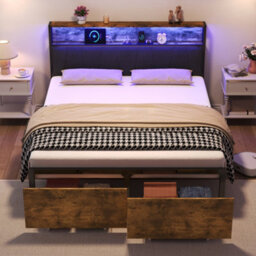BTM 4Ft6 Double Bed Frame With 2 Storage Drawers, Rgb Led Headboard, Charging Station, Metal Platform, Black+Walnut (No Mattress) - thumbnail 3