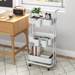 Costway 3-Tier Rolling Cart Folding Storage Cart W/ 3 Hanging Cups & 6 Hooks White - thumbnail 4