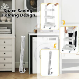 Costway 3-Tier Rolling Cart Folding Storage Cart W/ 3 Hanging Cups & 6 Hooks White - thumbnail 7