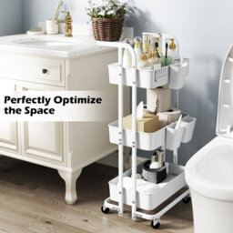 Costway 3-Tier Rolling Cart Folding Storage Cart W/ 3 Hanging Cups & 6 Hooks White - thumbnail 5