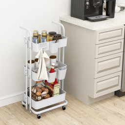 Costway 3-Tier Rolling Cart Folding Storage Cart W/ 3 Hanging Cups & 6 Hooks White - thumbnail 3