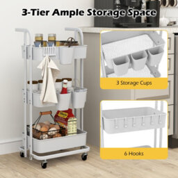 Costway 3-Tier Rolling Cart Folding Storage Cart W/ 3 Hanging Cups & 6 Hooks White - thumbnail 6