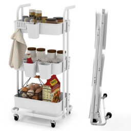 Costway 3-Tier Rolling Cart Folding Storage Cart W/ 3 Hanging Cups & 6 Hooks White