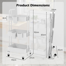 Costway 3-Tier Rolling Cart Folding Storage Cart W/ 3 Hanging Cups & 6 Hooks White - thumbnail 2