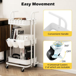Costway 3-Tier Rolling Cart Folding Storage Cart W/ 3 Hanging Cups & 6 Hooks White - thumbnail 8