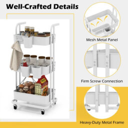 Costway 3-Tier Rolling Cart Folding Storage Cart W/ 3 Hanging Cups & 6 Hooks White - thumbnail 9
