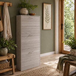 Wyld Haus Makahi Grey Wood-Effect Shoe Cabinet - Slim 3-Drawer Flip Storage For Up To 12 Pairs - thumbnail 1