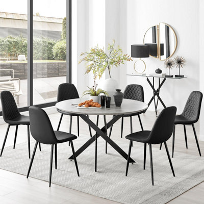Furniturebox Uk Novara Grey Concrete Effect Black Leg 120Cm Round Dining Table & 6 Black Corona Black Leg Chairs - image 1