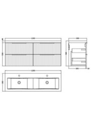 Balterley Tixall Fluted 4 Drawer Wall Hung Vanity Unit With Double Basin, Satin Grey, 1200mm - thumbnail 2