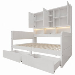 Modernluxe 3Ft Single Bed, 90 X 190Cm, With Overbed Cabinets, 2 Drawers, Rgb Led, Usb Charging Station & Pu Headboard, White - thumbnail 9