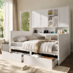 Modernluxe 3Ft Single Bed, 90 X 190Cm, With Overbed Cabinets, 2 Drawers, Rgb Led, Usb Charging Station & Pu Headboard, White - thumbnail 3