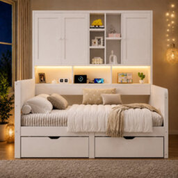 Modernluxe 3Ft Single Bed, 90 X 190Cm, With Overbed Cabinets, 2 Drawers, Rgb Led, Usb Charging Station & Pu Headboard, White - thumbnail 2