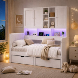 Modernluxe 3Ft Single Bed, 90 X 190Cm, With Overbed Cabinets, 2 Drawers, Rgb Led, Usb Charging Station & Pu Headboard, White - thumbnail 5