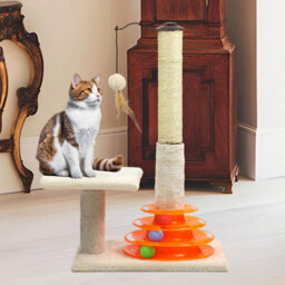 "Taylor & Brown 25"" Cat Scratching Post With Sisal Pole, Plush Carpet, Interactive Toy Balls, Indoor Kitten Scratcher, Beige" - thumbnail 6