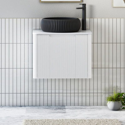 Royal Bathrooms Avenza 600mm Matte White Wall Hung Bathroom Countertop Vanity Unit 1 Drawer With Milan Black Basin - image 1