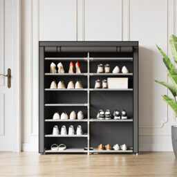 Darphe Black 7 Tier Double-Row Shoe Cabinet With Roll-Up Dustproof Door - thumbnail 1