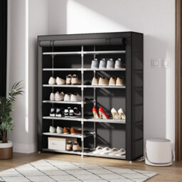 Darphe Black 7 Tier Double-Row Shoe Cabinet With Roll-Up Dustproof Door - thumbnail 2