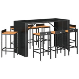 Berkfield 9 Piece Garden Bar Set Black Poly Rattan& Solid Wood Acacia - thumbnail 3