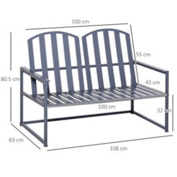 Outsunny 2 Seat Steel Patio Garden Bench Chair Slat Design Backyard Porch, Grey - thumbnail 3