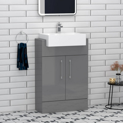 Royal Bathrooms Elena 600mm Indigo Grey Gloss Floor Standing Bathroom Vanity Unit With 2 Door Cabinet Storage Semi Recessed Basin - image 1
