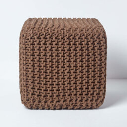 Homescapes Chocolate Brown Cube Cotton Knitted Pouffe Footstool - thumbnail 1