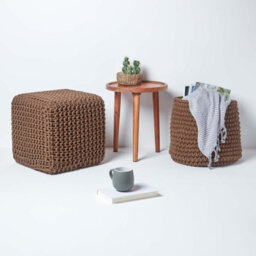 Homescapes Chocolate Brown Cube Cotton Knitted Pouffe Footstool - thumbnail 6