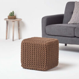 Homescapes Chocolate Brown Cube Cotton Knitted Pouffe Footstool - thumbnail 2